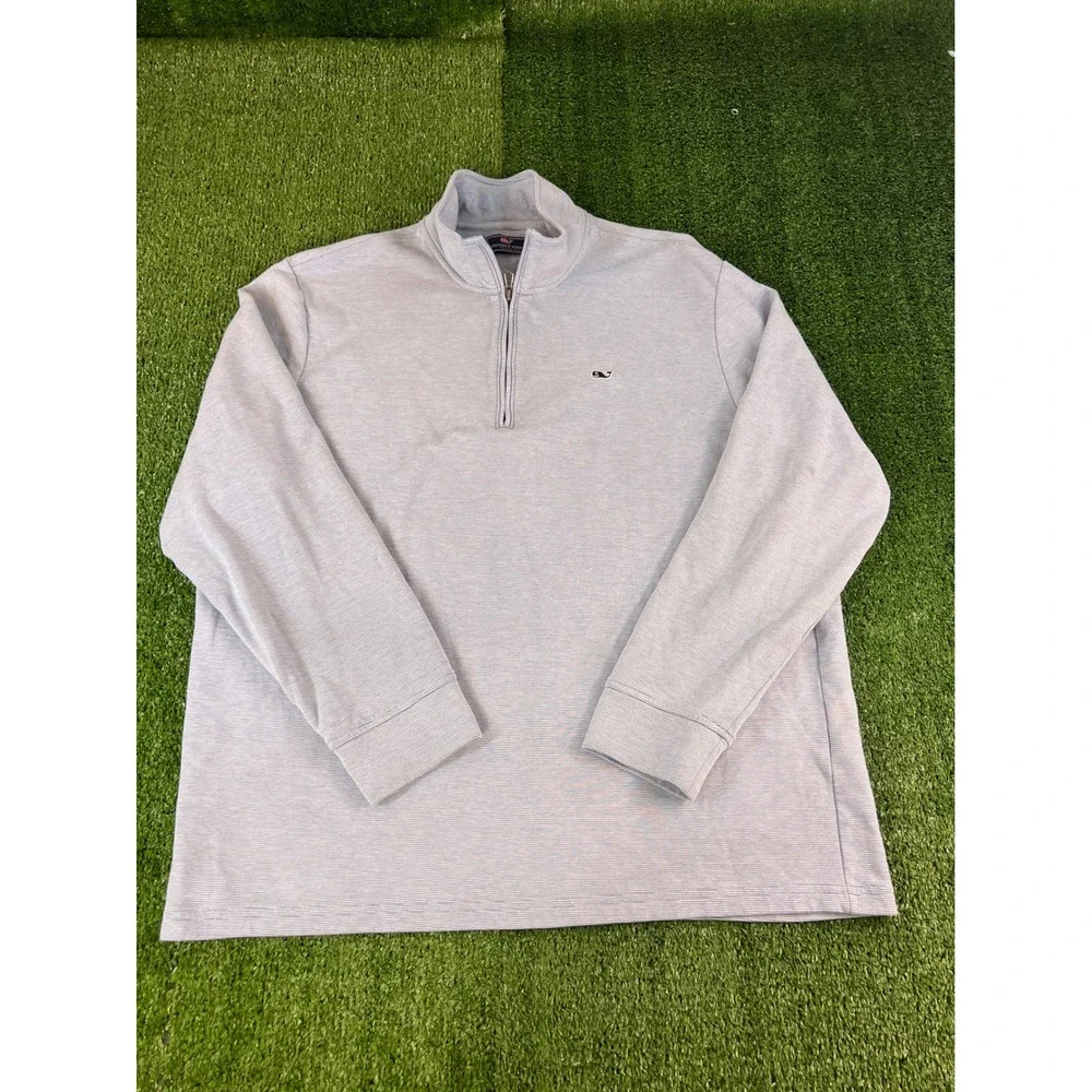 Vineyard Vines Mens XL Quarter Zip Pullover Light Blue Striped Pique Sweater